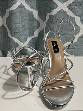 Aqua Metallic Silver Spiral Strap Heeled Sandals